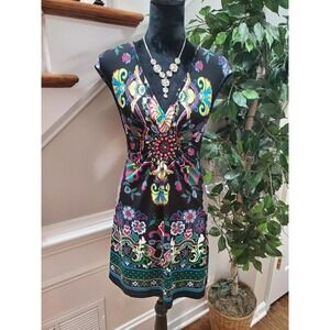 Eci Women's Black Floral Polyester V-Neck Sleeveless Casual Top Shirt Size Small